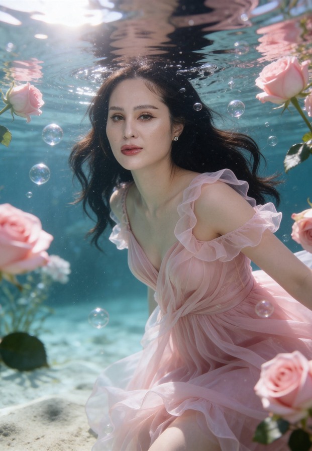 ขวัญ อุษามณี ในชุดผ้าตาข่ายสีชมพูถ่ายใต้น้ำกับดอกกุหลาบ