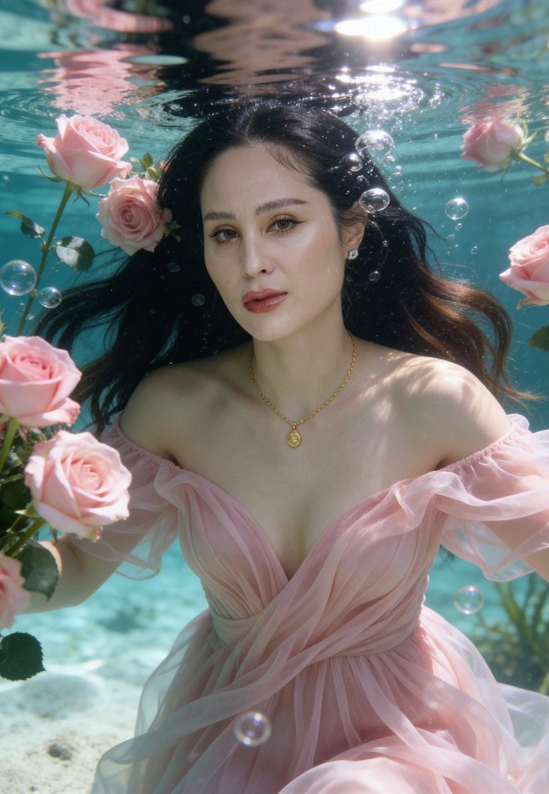 ขวัญ อุษามณี ถ่ายใต้น้ำระยะใกล้ในชุดสีชมพู