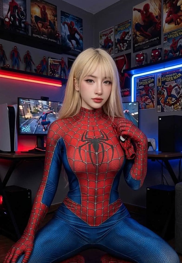 เบลล์ ณัชชา ในชุดคอสเพลย์สไปเดอร์เกิร์ลสีแดงน้ำเงินในห้องเกมเมอร์ไฟ RGB